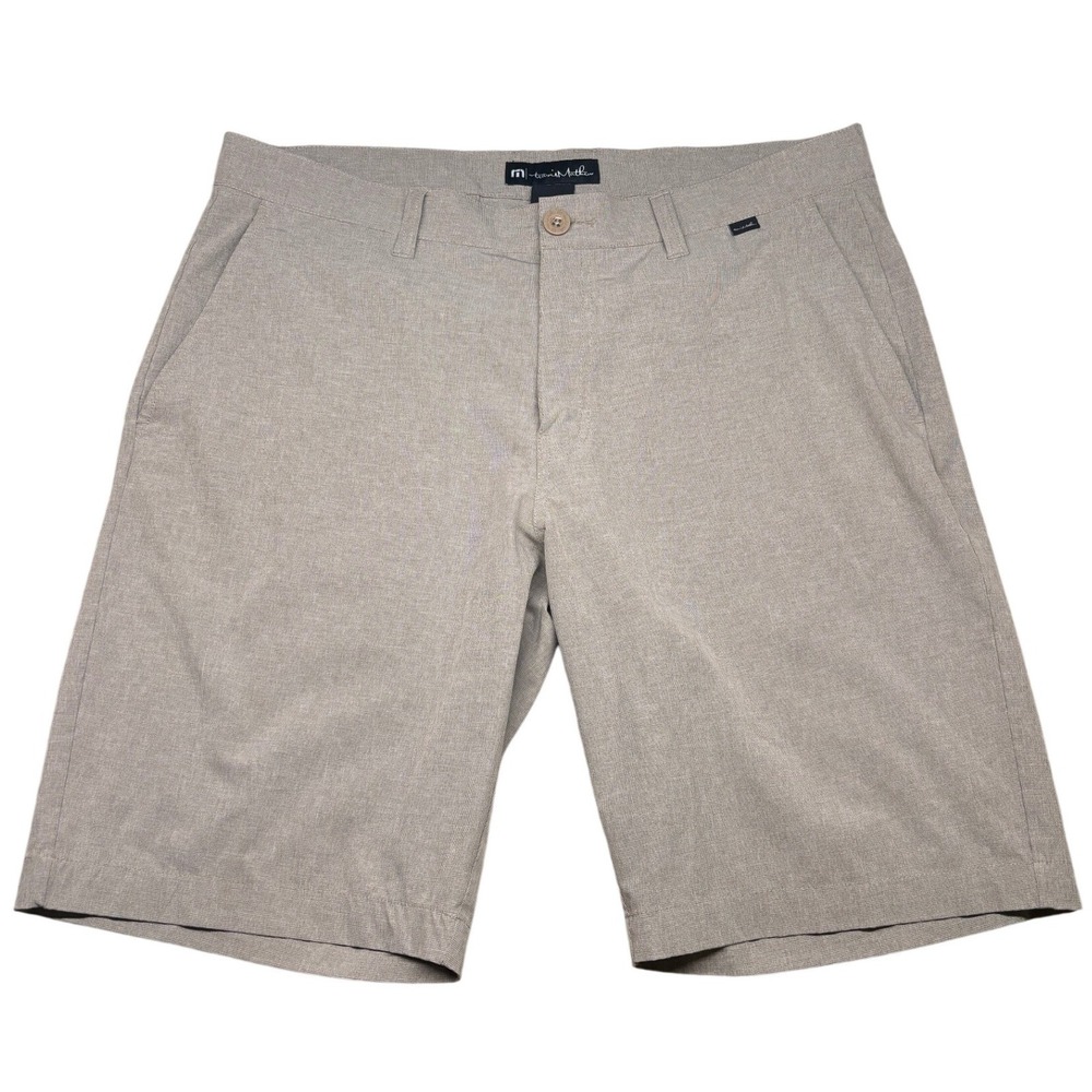 TravisMathew Golf Shorts Mens 36 Khaki Tan Micro Check Stretch Performance 10in